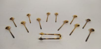 12 mocha spoons and sugar tongs in silver...