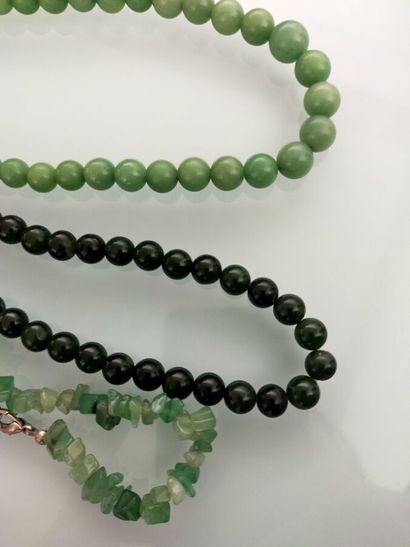 Three necklaces green hard stones and qu...