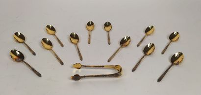 12 mocha spoons and sugar tongs in silver...