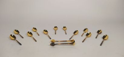 12 mocha spoons and sugar tongs in silver...