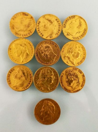 10 pieces of 20 Francs gold Napoleon, France
(worn...