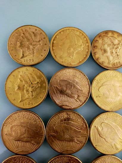 20 coins of 20 gold dollars, USA
(worn and...