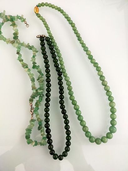 Three necklaces green hard stones and qu...