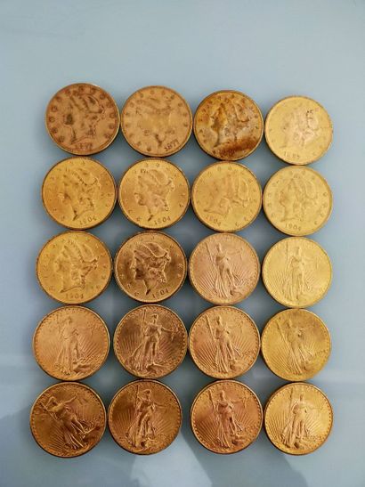 20 coins of 20 gold dollars, USA
(worn and...