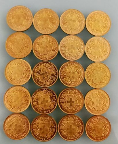 20 coins of 20 Francs gold, Switzerland
(worn...