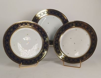 SEVRES
Three porcelain plates with blue marli...