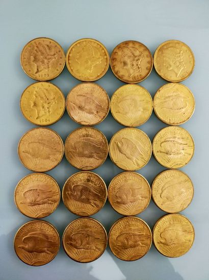 20 coins of 20 gold dollars, USA
(worn and...