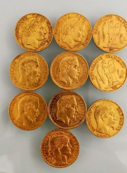 10 pieces of 20 Francs gold Napoleon, France
(worn...