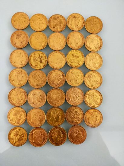 34 coins of 20 Francs gold, Belgium
(Worn,...