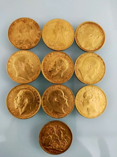 10 gold Sovereign coins, United Kingdom
(worn...