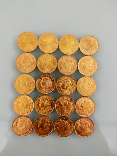 20 coins of 20 Francs gold, Switzerland
(worn...
