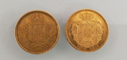 2 coins of 5000 gold Reis, Louis I, Portugal
(worn...