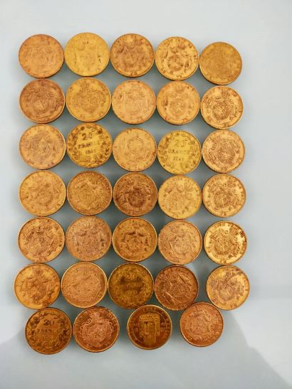 34 coins of 20 Francs gold, Belgium
(Worn,...