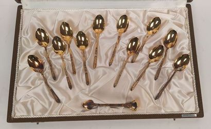 12 mocha spoons and sugar tongs in silver...