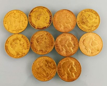 10 pieces of 20 Francs gold Napoleon, France
(worn...
