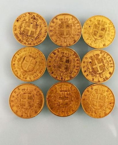 9 coins of 20 gold Lira, Italy
(worn and...