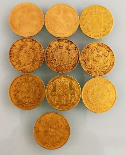 10 pieces of 20 Francs gold Napoleon, France
(worn...