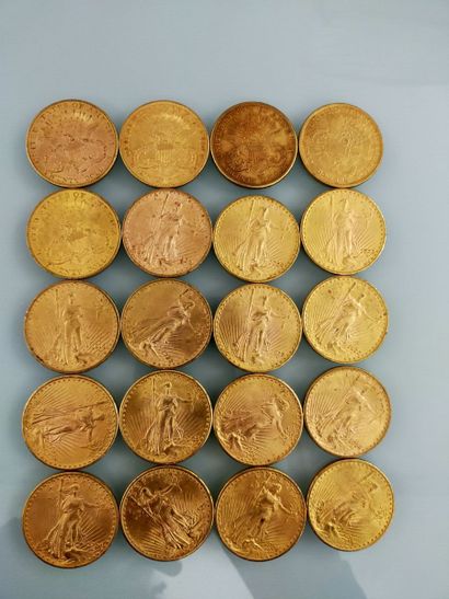 20 coins of 20 gold dollars, USA
(worn and...