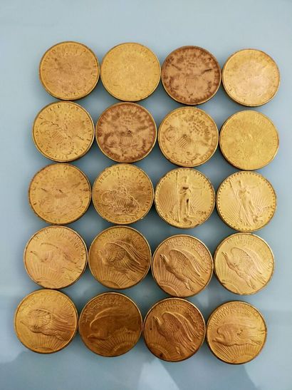 20 coins of 20 gold dollars, USA
(worn and...