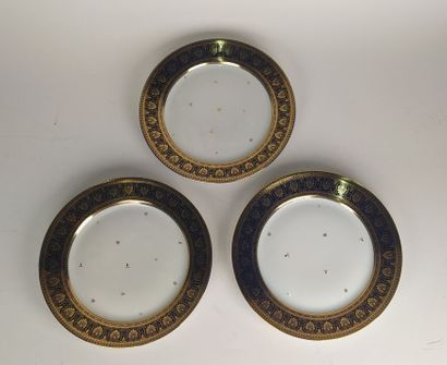 SEVRES
Three porcelain plates with blue marli...