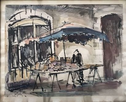 École moderne
Le marché 
Encre et aquarelle
Haut....