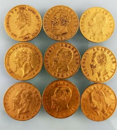 9 coins of 20 gold Lira, Italy
(worn and...