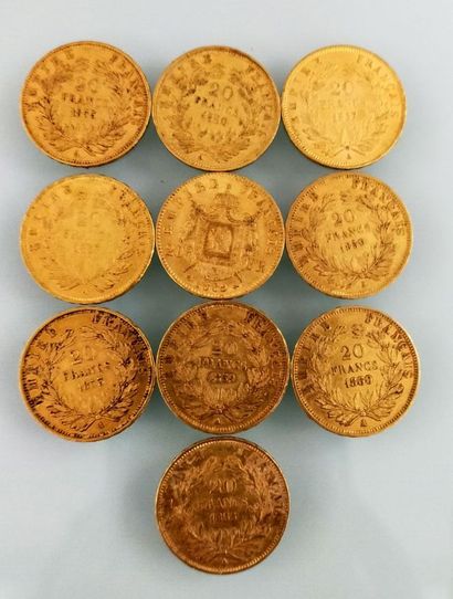 10 pieces of 20 Francs gold Napoleon, France
(worn...