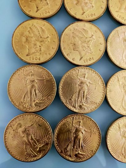 20 coins of 20 gold dollars, USA
(worn and...