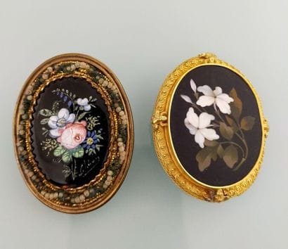 Two brooches with enamelled floral decor...