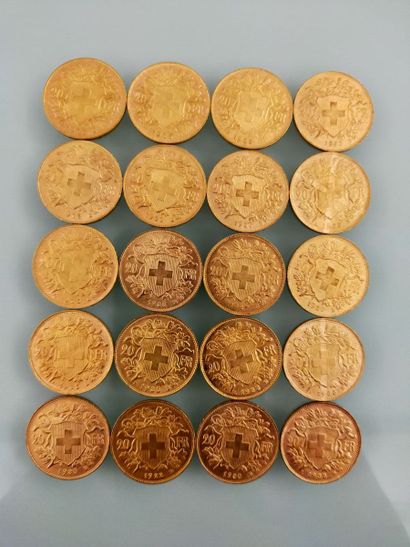 20 coins of 20 Francs gold, Switzerland
(worn...