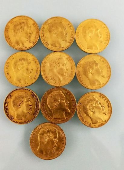 10 pieces of 20 Francs gold Napoleon, France
(worn...
