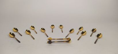 12 mocha spoons and sugar tongs in silver...