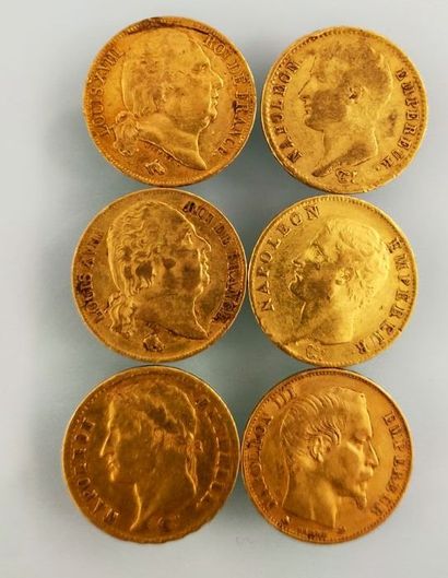 6 coins of 20 francs gold Napoleon, France
(worn...