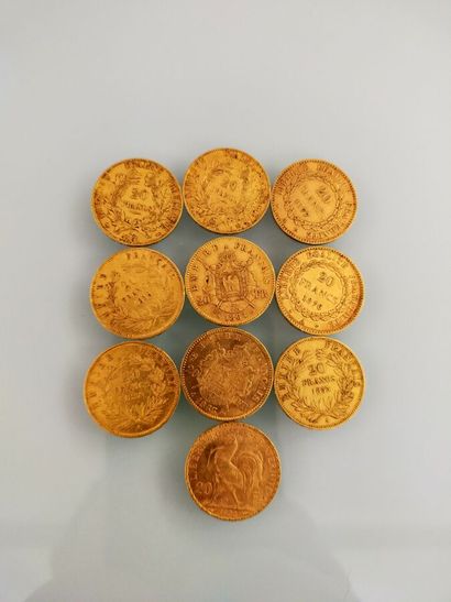 10 pieces of 20 Francs gold Napoleon, France
(worn...