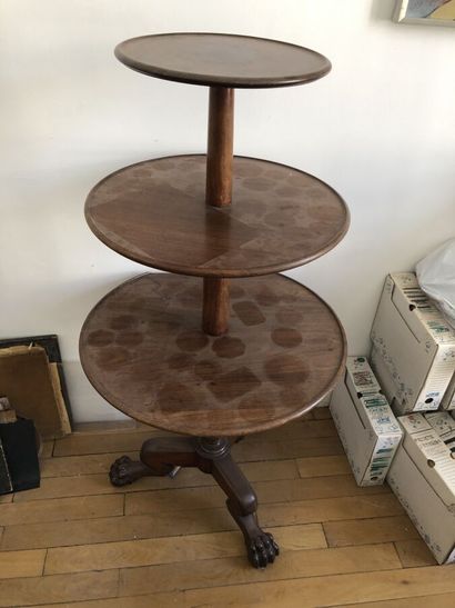 Three-top walnut servant-muet pedestal table,...