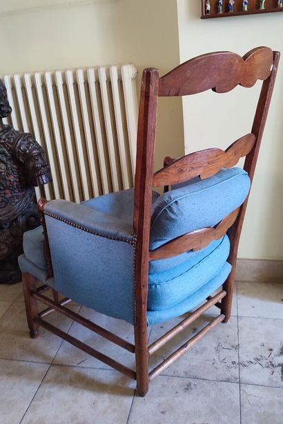 Two natural wood armchairs, blue fabric upholstery
Height...