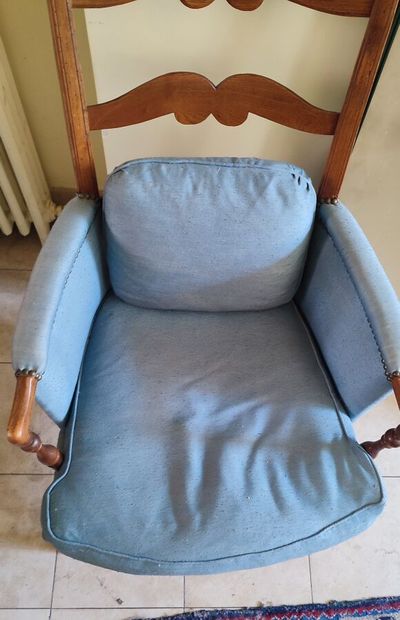 Two natural wood armchairs, blue fabric upholstery
Height...
