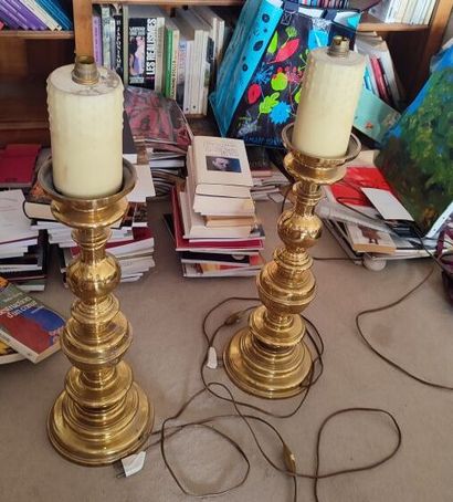 Pair of brass lamp-mounted candle-pegs