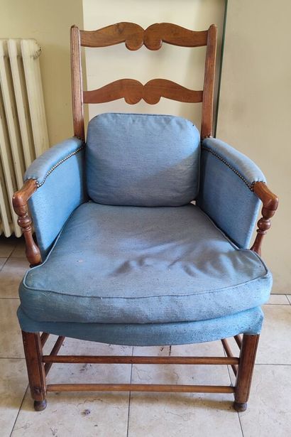 Two natural wood armchairs, blue fabric upholstery
Height...