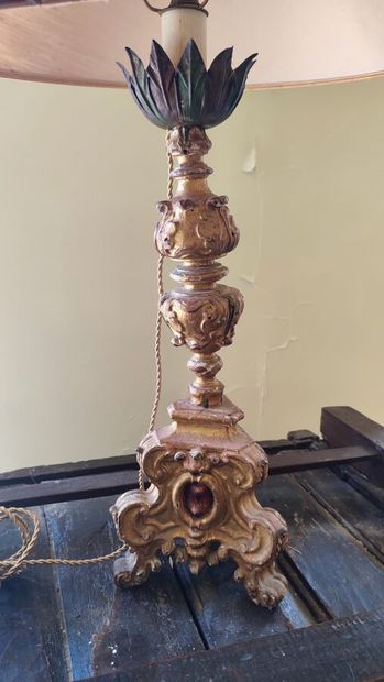 Pair of gilded wood lampstands decorated...