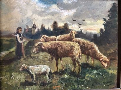 Modern ecome
Shepherdess and sheep in a meadow
Oil...