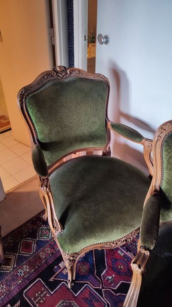Pair of molded and carved natural wood armchairs,...