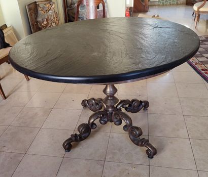 Slate circular-top pedestal table, bronze...