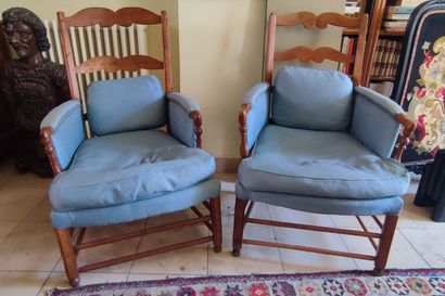 Two natural wood armchairs, blue fabric upholstery
Height...
