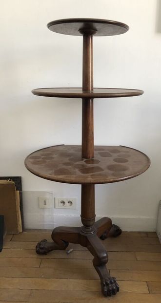 Three-top walnut servant-muet pedestal table,...