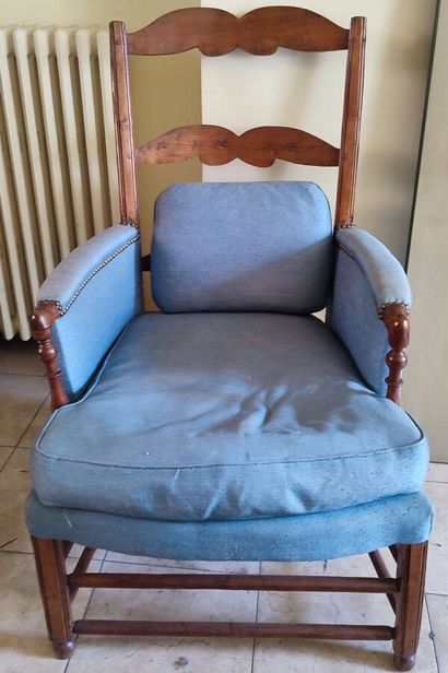 Two natural wood armchairs, blue fabric upholstery
Height...