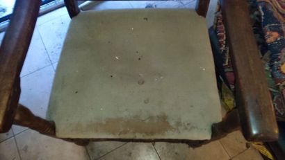 Oak armchair, worn yellow fabric upholstery
Height...