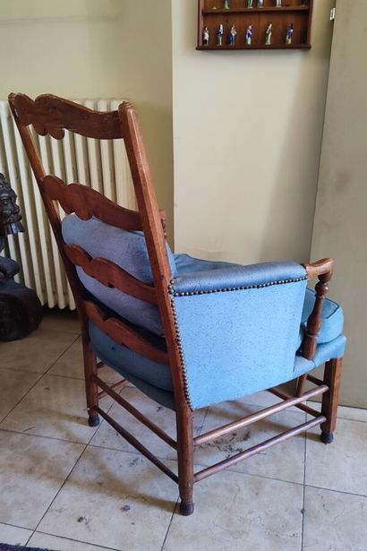 Two natural wood armchairs, blue fabric upholstery
Height...
