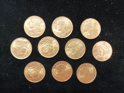 10 Coins 20 Swiss Francs Gold 
(worn, rubbed)

Sales...