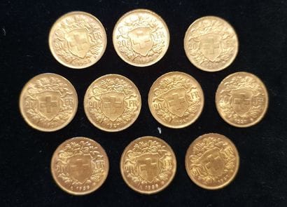 10 Coins 20 Swiss Francs Gold 
(worn, rubbed)

Sales...